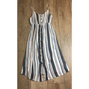 BLUSH‎ MULTICOLOR STRIPED 100% RAYON BUTTON UP STRAP SLEEVE LONG DRESS M